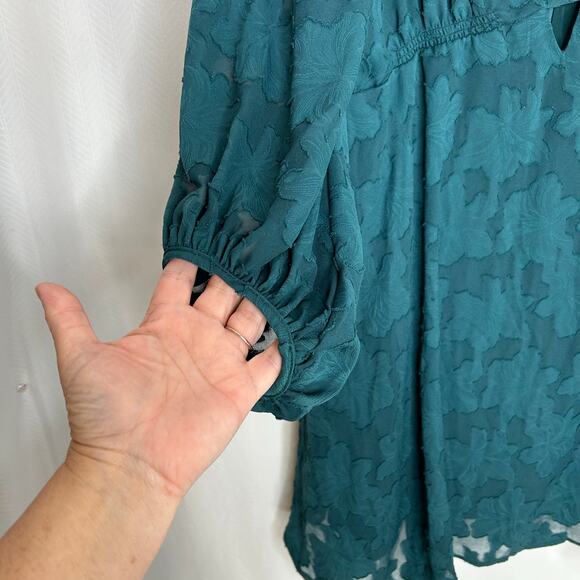 Anthropologie green deep V mini dress long sleeves size 14 - Picture 4 of 10